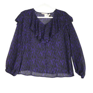 Soft Surroundings Blouse Womens Petite Medium PM Purple Wild Animal Ruffle Sheer